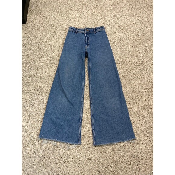 4 Zara Wide Leg High Waist Crop Denim Jeans Raw Hem - Picture 4 of 9